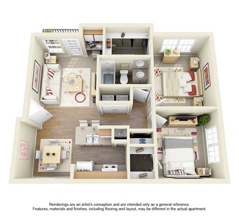 Floor plan for 2 beds, 1 bath, 861 sqft